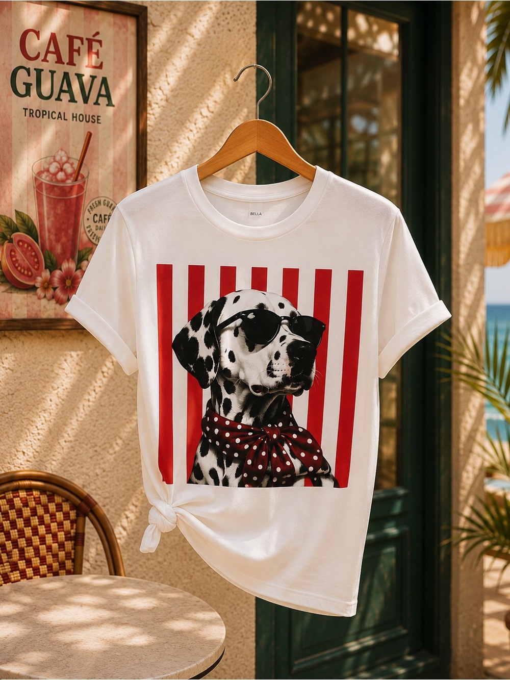 Abella White Tee with Red Striped Dalmatian Graphic